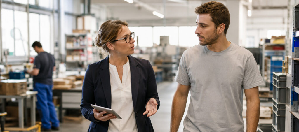 Werkgever en medewerker bespreken arbeidsomstandigheden en risico’s tijdens een rondgang op de werkvloer.