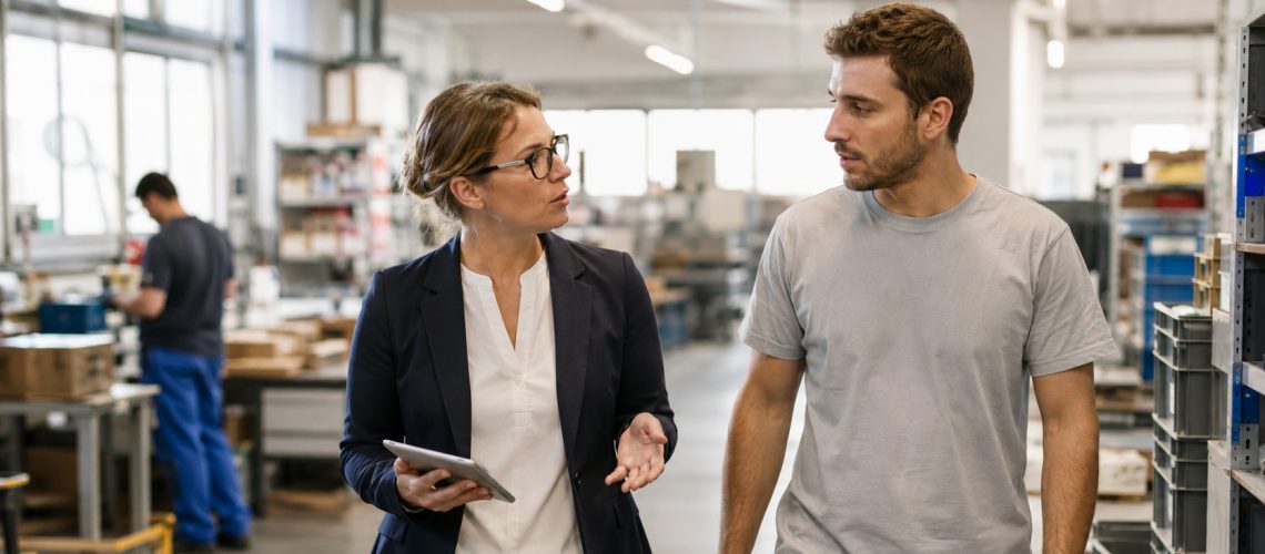Werkgever en medewerker bespreken arbeidsomstandigheden en risico’s tijdens een rondgang op de werkvloer.